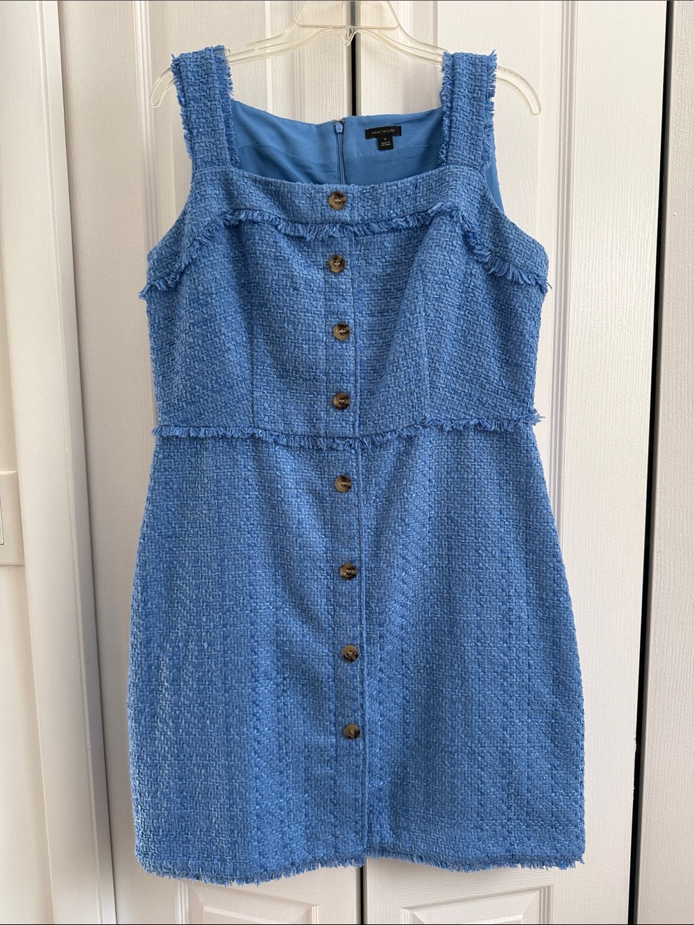 Ann Taylor Blue Tweed Button-Front Sundress with Frayed Trim